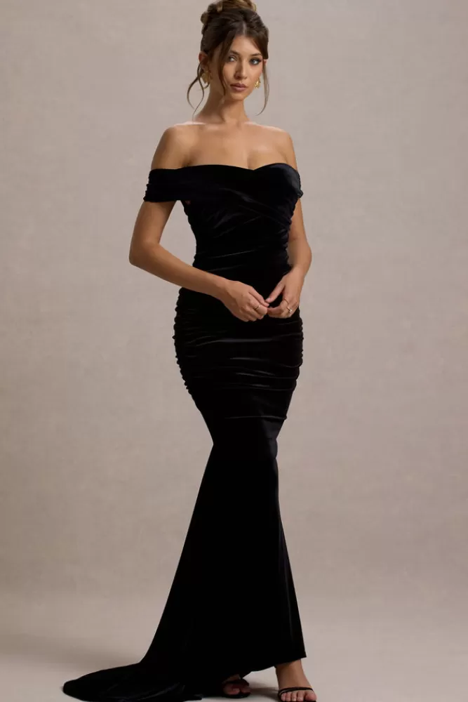 Club L London - Abito lungo in velluto nero modello Apolline con spalle scoperte, plissettato e linea a coda di sirena per uno stile elegante.