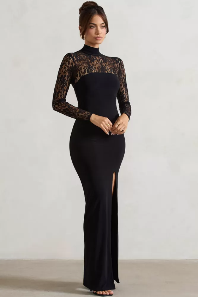 Club L London Arden | Abito Longueggio Elegante con Spacco e Maniche in Pizzo - Nero in Offerta Esclusiva

（：，，
