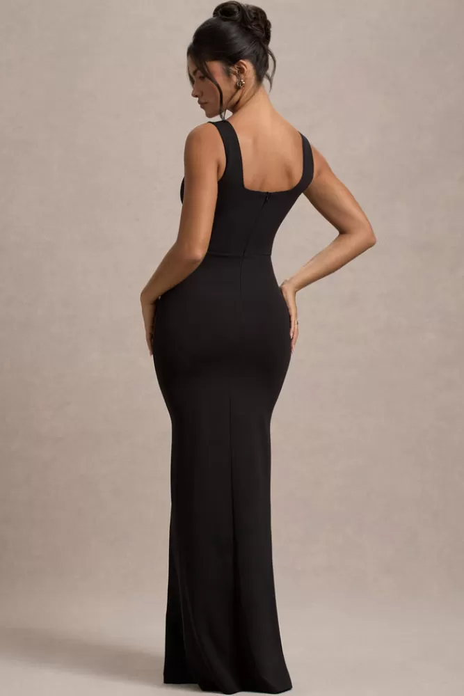 Élégante Abito Lungo con Lacci Club L London - Scollatura a Cuore e Spacco Laterale in Nero Sensuale