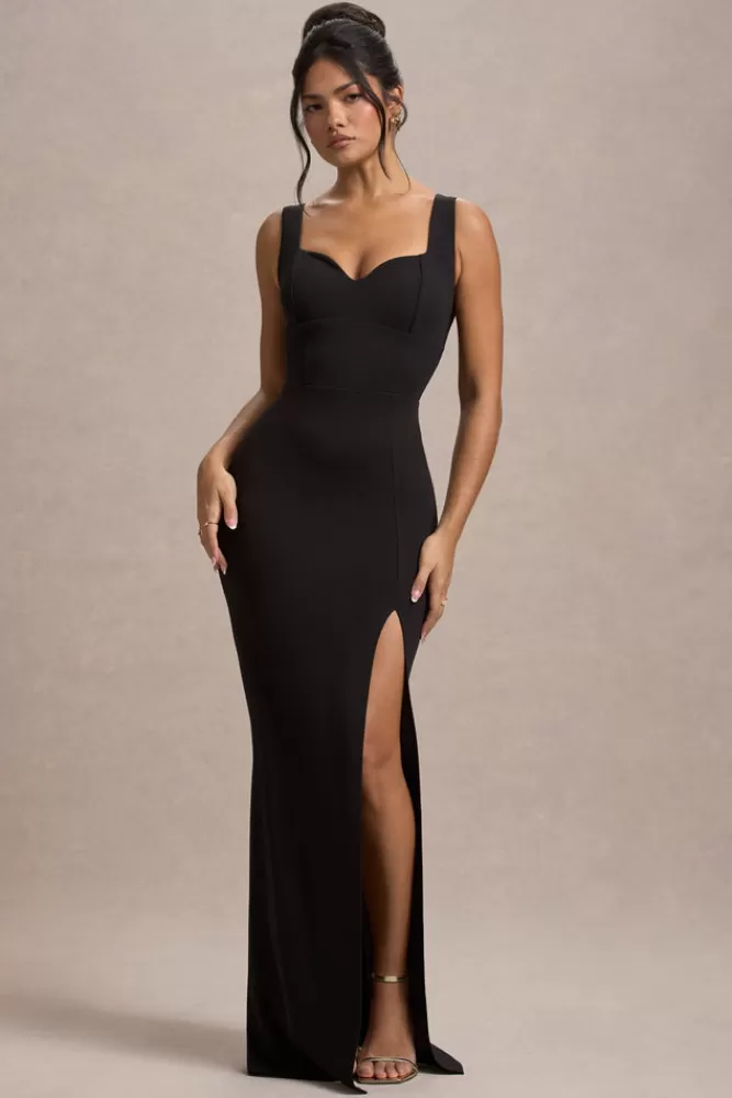 Élégante Abito Lungo con Lacci Club L London - Scollatura a Cuore e Spacco Laterale in Nero Sensuale
