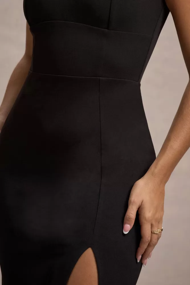 Élégante Abito Lungo con Lacci Club L London - Scollatura a Cuore e Spacco Laterale in Nero Sensuale
