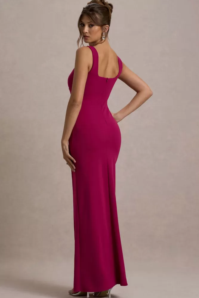 Abito Elegante Club L London - Vestito Maxi con Spaghetti, Scollo a Cuore e Spacco Laterale in Tonalità Mora | Nuova Collezione