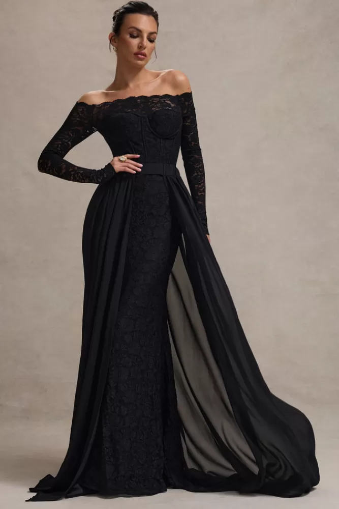 Elegante Abito Lungo Bardot in Pizzo con Gonna Chiffon - Nero Prezzo Conveniente | Club L London Astoria