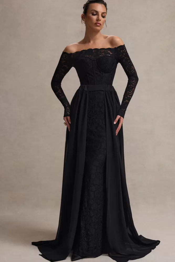 Elegante Abito Lungo Bardot in Pizzo con Gonna Chiffon - Nero Prezzo Conveniente | Club L London Astoria