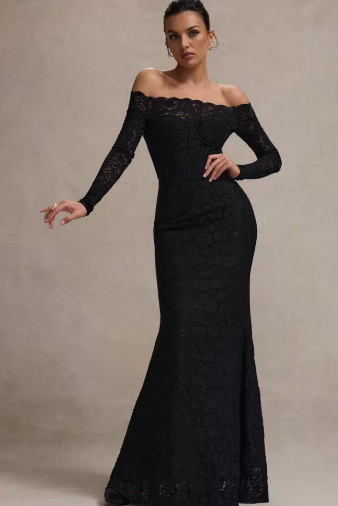 Elegante Abito Lungo Bardot in Pizzo con Gonna Chiffon - Nero Prezzo Conveniente | Club L London Astoria