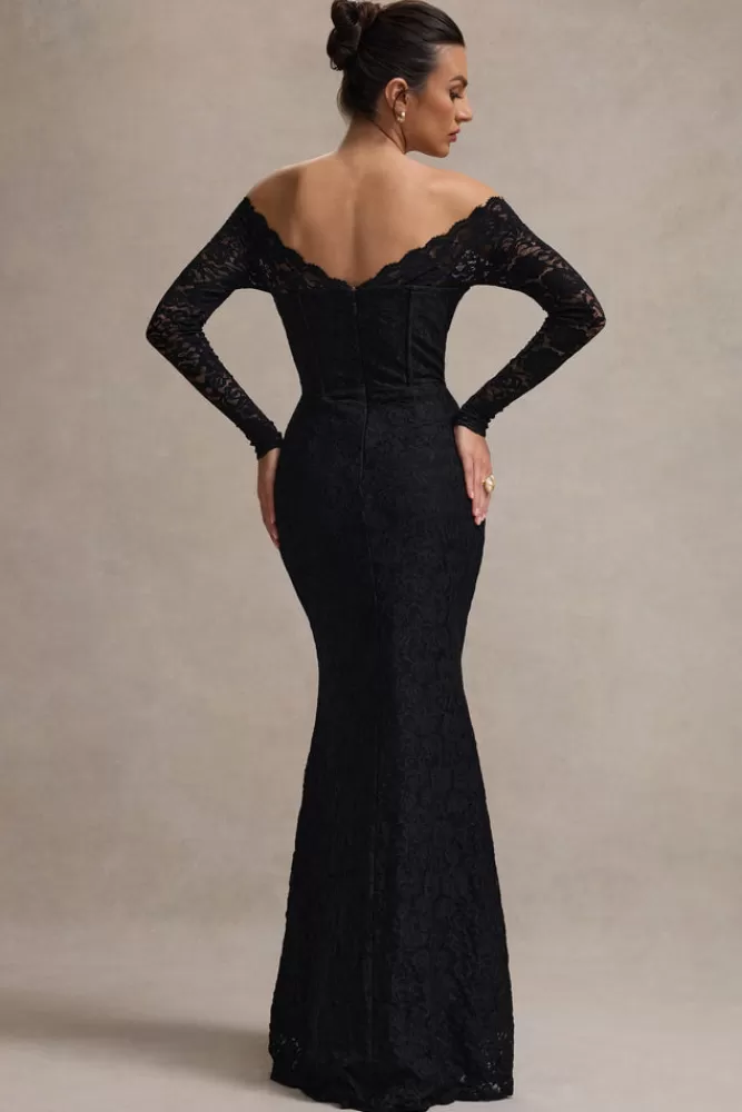 Elegante Abito Lungo Bardot in Pizzo con Gonna Chiffon - Nero Prezzo Conveniente | Club L London Astoria
