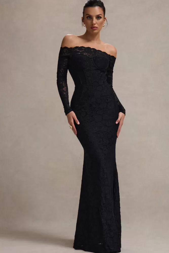 Elegante Abito Lungo Bardot in Pizzo con Gonna Chiffon - Nero Prezzo Conveniente | Club L London Astoria