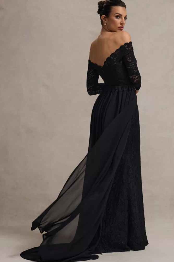 Elegante Abito Lungo Bardot in Pizzo con Gonna Chiffon - Nero Prezzo Conveniente | Club L London Astoria