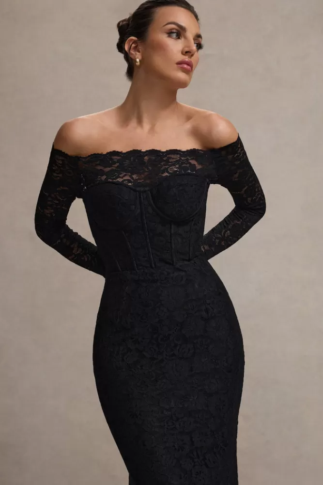 Elegante Abito Lungo Bardot in Pizzo con Gonna Chiffon - Nero Prezzo Conveniente | Club L London Astoria