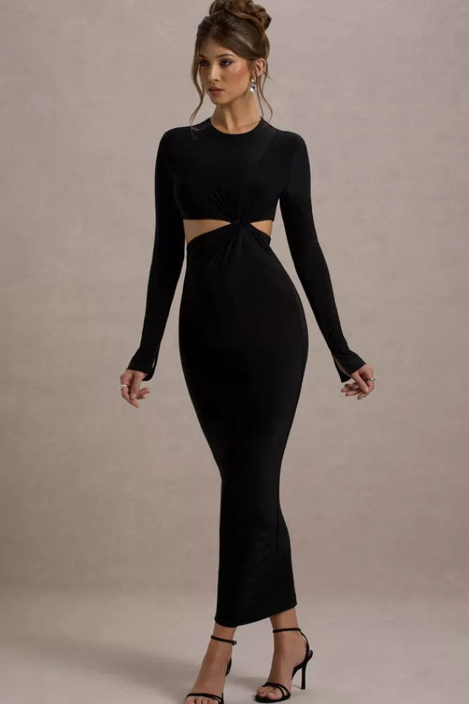 Attina - Abito lungo elegante con manica lunga e dettaglio asimmetrico da Club L London  
In Nero Assoluto | Inserti traforati chic - Offerta imperdibile su modelli autunnali