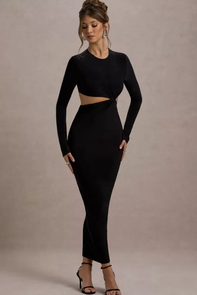 Attina - Abito lungo elegante con manica lunga e dettaglio asimmetrico da Club L London  
In Nero Assoluto | Inserti traforati chic - Offerta imperdibile su modelli autunnali