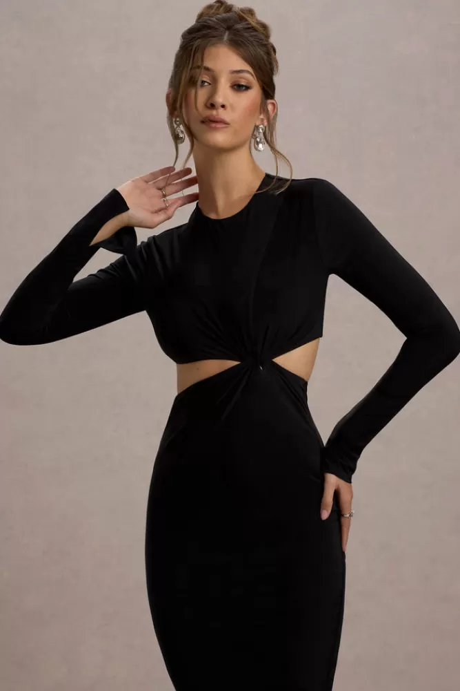 Attina - Abito lungo elegante con manica lunga e dettaglio asimmetrico da Club L London  
In Nero Assoluto | Inserti traforati chic - Offerta imperdibile su modelli autunnali