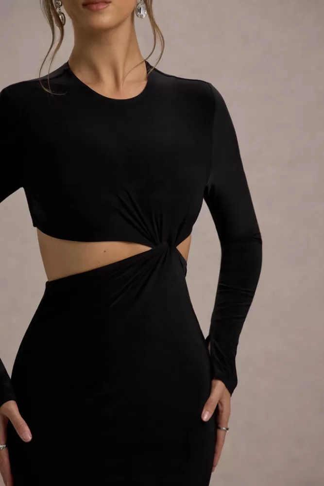 Attina - Abito lungo elegante con manica lunga e dettaglio asimmetrico da Club L London  
In Nero Assoluto | Inserti traforati chic - Offerta imperdibile su modelli autunnali