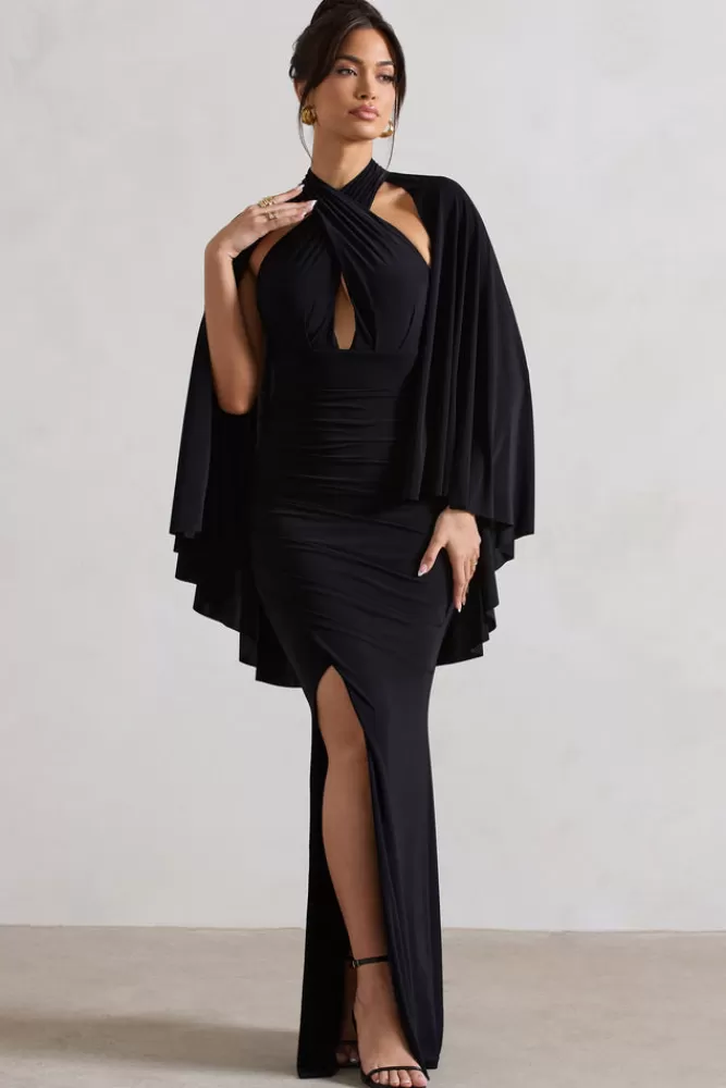 Club L London | Abito Elegante Audrina con Mantellina e Spacco - Nero, Stile Unico Edizione Iconica