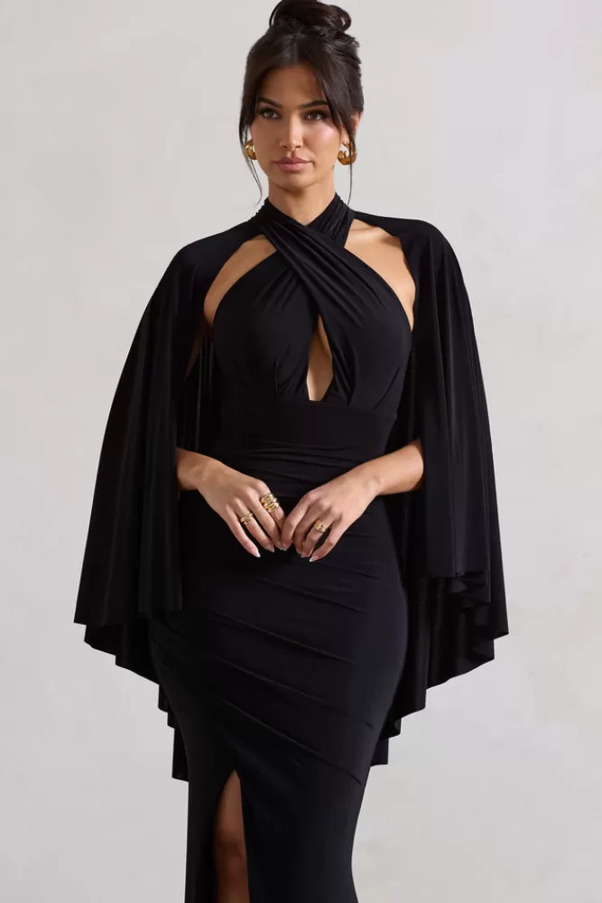 Club L London | Abito Elegante Audrina con Mantellina e Spacco - Nero, Stile Unico Edizione Iconica