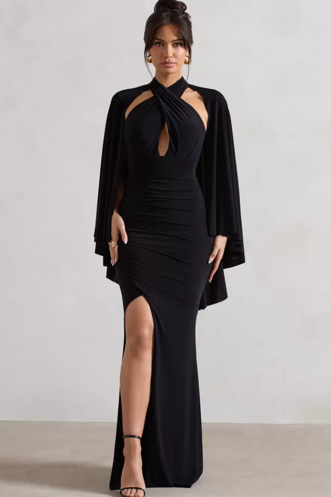 Club L London | Abito Elegante Audrina con Mantellina e Spacco - Nero, Stile Unico Edizione Iconica