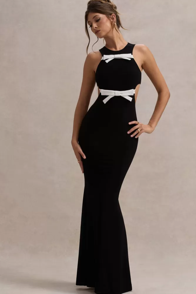 Club L London: Abito Longuette Aurelie in Nero con Decorazioni a Fiocchi e Inserti Traforati - Edizione Limitata con Sconto Lampo (Bianco e Nero)
