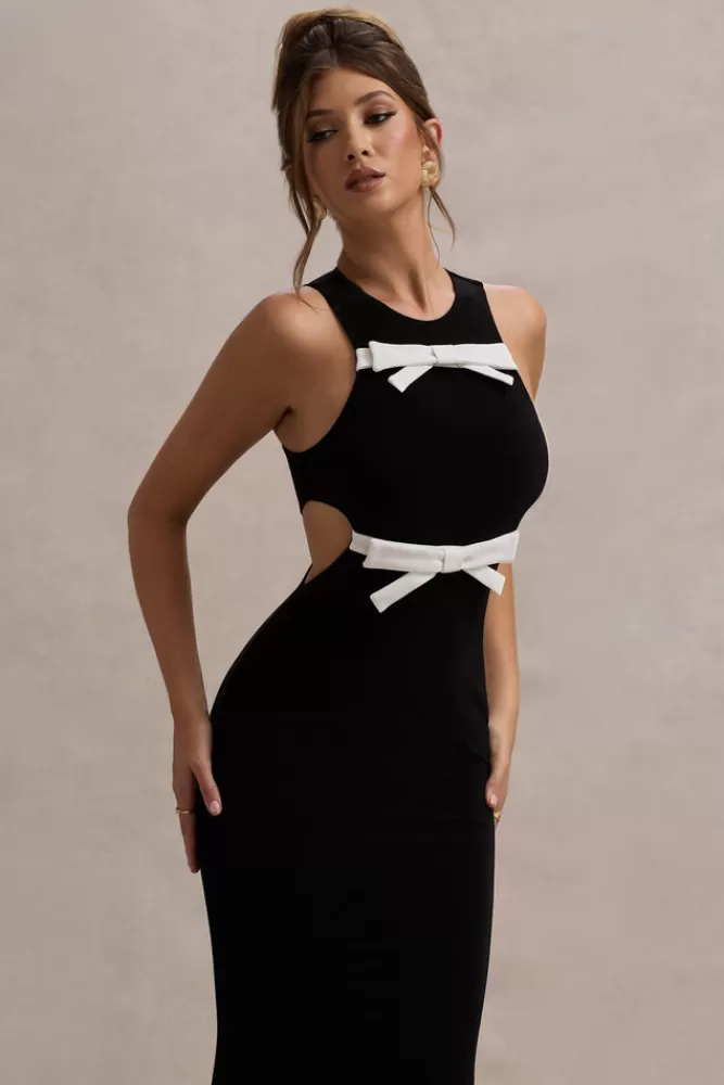 Club L London: Abito Longuette Aurelie in Nero con Decorazioni a Fiocchi e Inserti Traforati - Edizione Limitata con Sconto Lampo (Bianco e Nero)