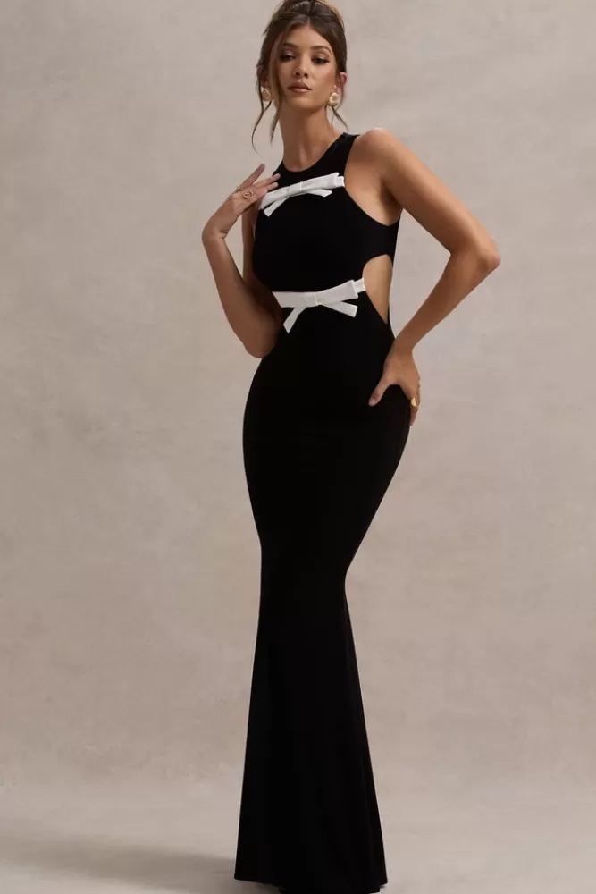 Club L London: Abito Longuette Aurelie in Nero con Decorazioni a Fiocchi e Inserti Traforati - Edizione Limitata con Sconto Lampo (Bianco e Nero)