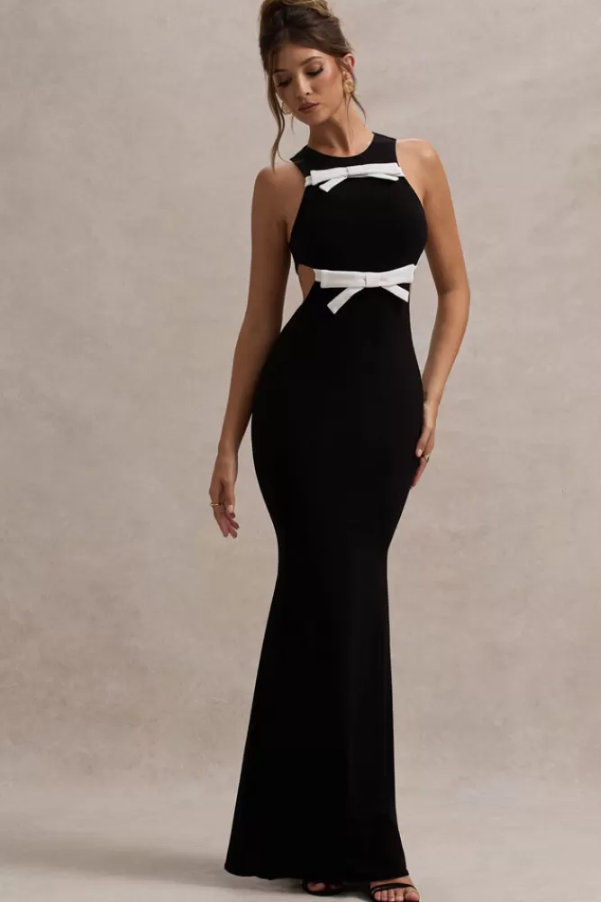 Club L London: Abito Longuette Aurelie in Nero con Decorazioni a Fiocchi e Inserti Traforati - Edizione Limitata con Sconto Lampo (Bianco e Nero)