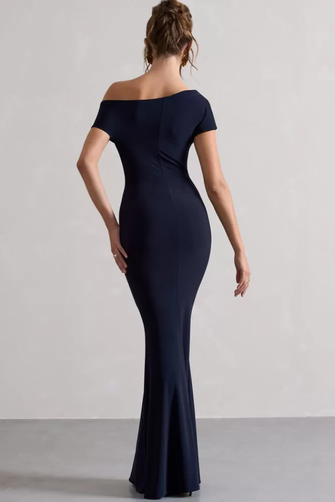 Abito Longuette con Scollatura alla Bardot e Linee Asimmetriche | Vestito Estivo Firmato Club L London in Blu Navy - Offerta Limitata