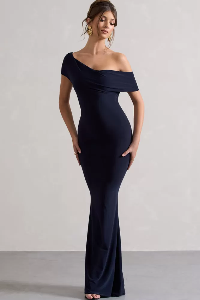 Abito Longuette con Scollatura alla Bardot e Linee Asimmetriche | Vestito Estivo Firmato Club L London in Blu Navy - Offerta Limitata