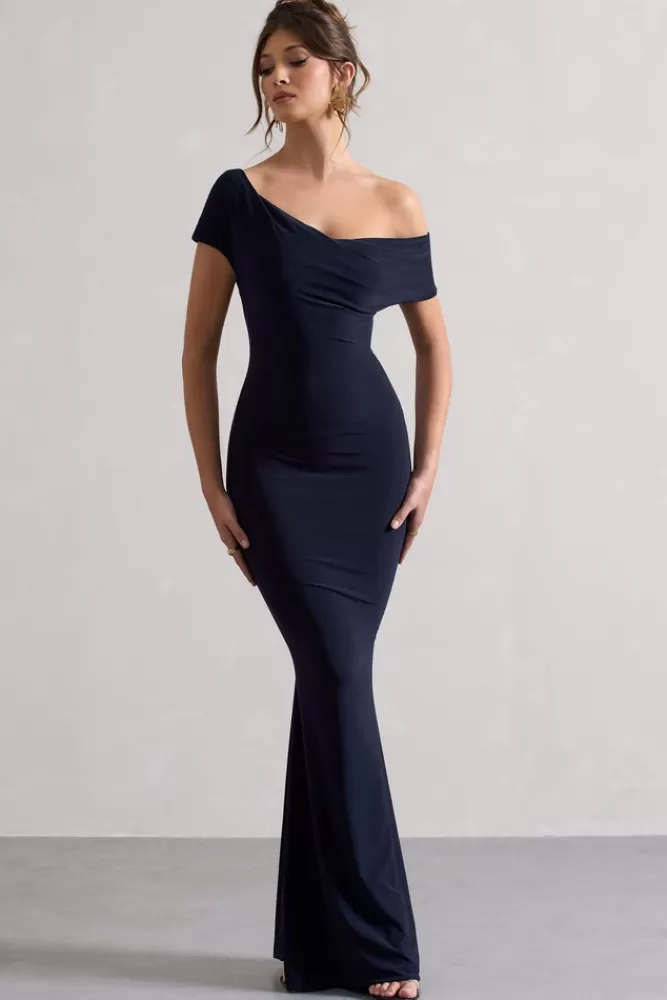 Abito Longuette con Scollatura alla Bardot e Linee Asimmetriche | Vestito Estivo Firmato Club L London in Blu Navy - Offerta Limitata