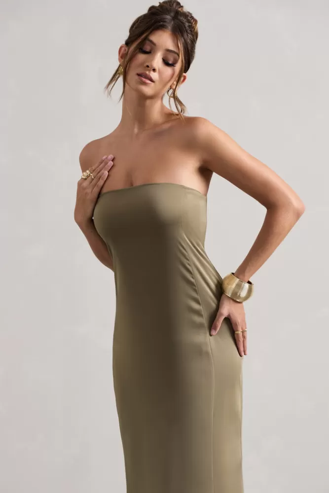 Abito Elegante Club L Londra - Bandeau in Satin Verde Oliva, Saldi Lampo Esclusivi