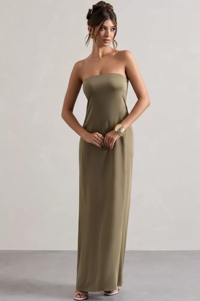 Abito Elegante Club L Londra - Bandeau in Satin Verde Oliva, Saldi Lampo Esclusivi