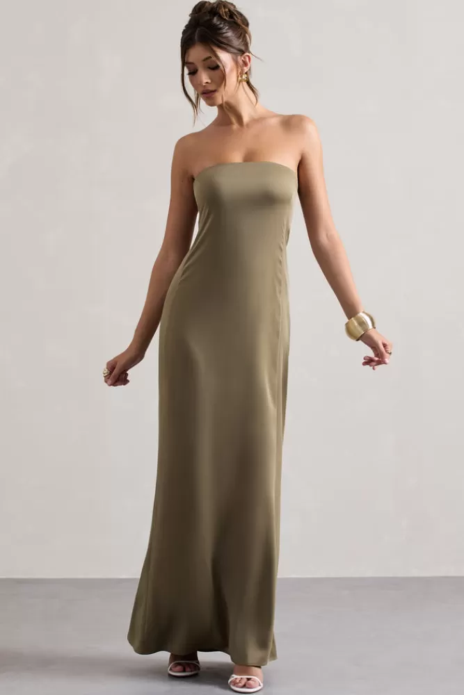Abito Elegante Club L Londra - Bandeau in Satin Verde Oliva, Saldi Lampo Esclusivi