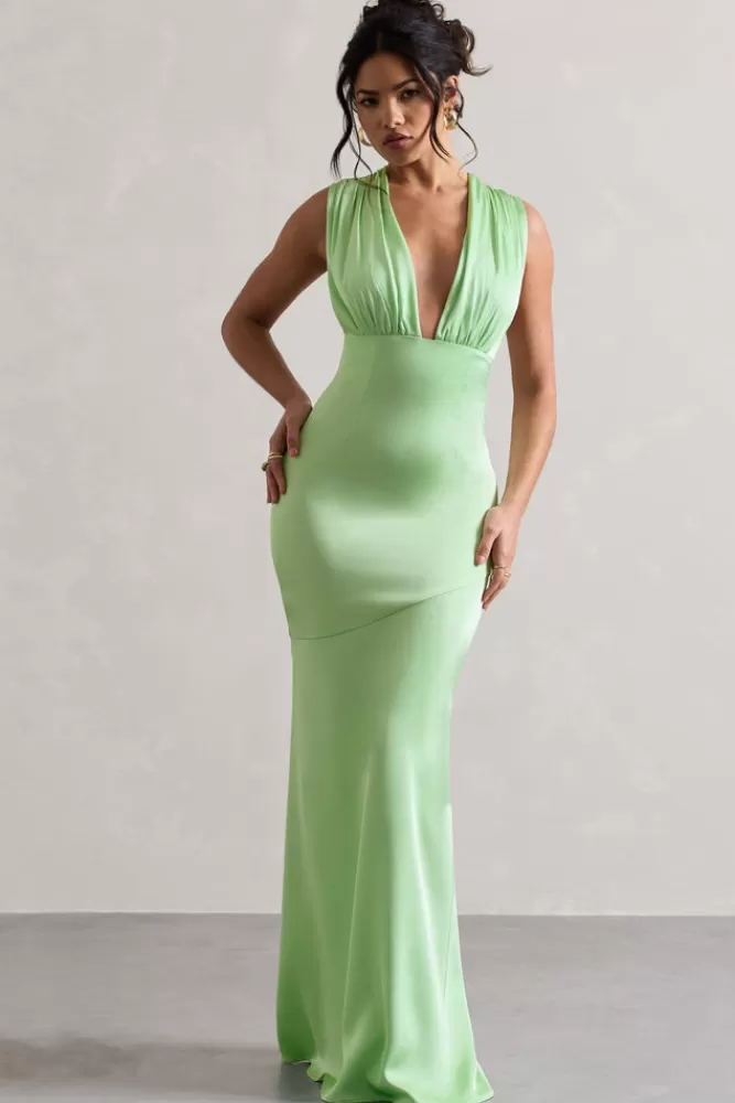 Abito estivo Azzara by Club L London - Scollo a V drappeggiato in raso verde chiaro, design elegante e sconto eco-friendly