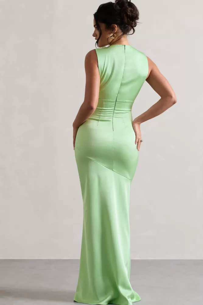 Abito estivo Azzara by Club L London - Scollo a V drappeggiato in raso verde chiaro, design elegante e sconto eco-friendly