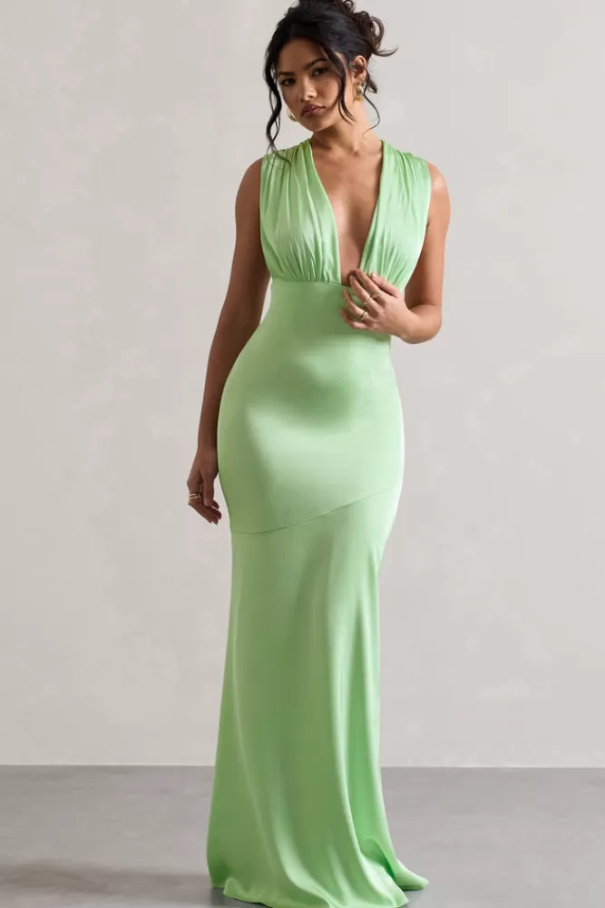 Abito estivo Azzara by Club L London - Scollo a V drappeggiato in raso verde chiaro, design elegante e sconto eco-friendly