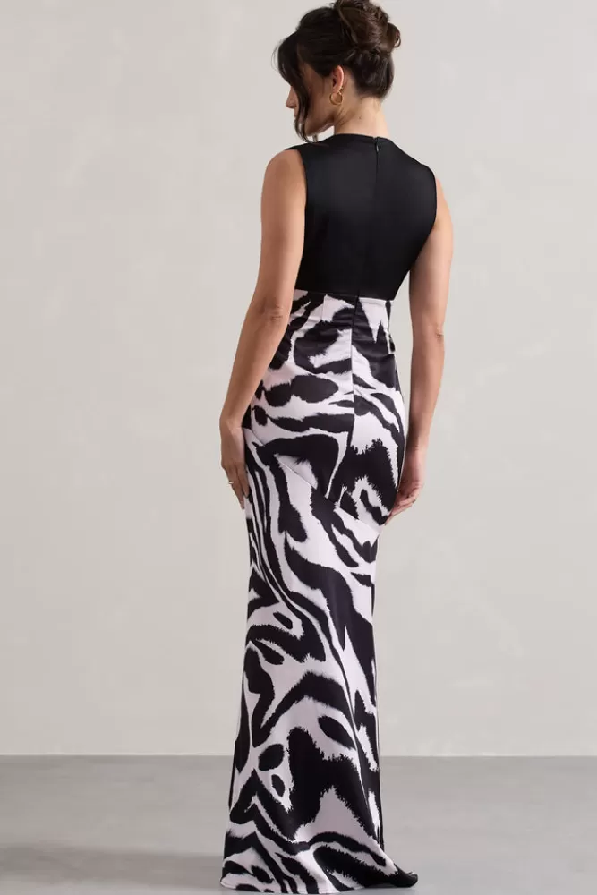 Azzara by Club L London - Vestito Lungo Satinato con Scollo a V, Dettaglio Plissettato e Stampa Zebrata | Promozione Lampo!