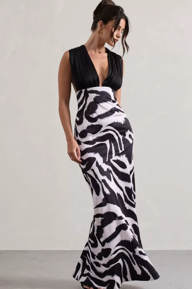 Azzara by Club L London - Vestito Lungo Satinato con Scollo a V, Dettaglio Plissettato e Stampa Zebrata | Promozione Lampo!