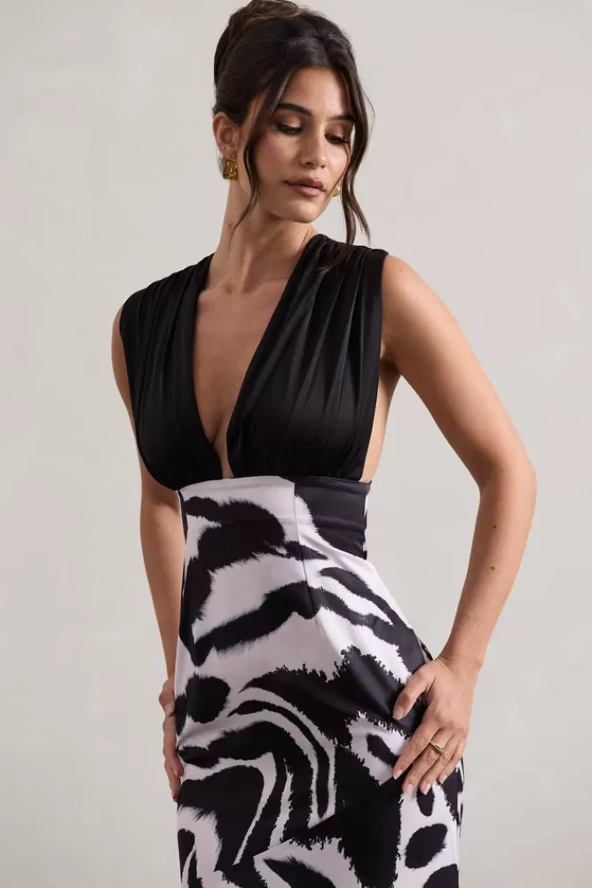 Azzara by Club L London - Vestito Lungo Satinato con Scollo a V, Dettaglio Plissettato e Stampa Zebrata | Promozione Lampo!