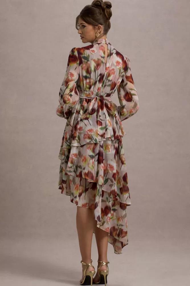 Club L London Abito Lungo in Chiffon con Collo Alto e Balze - Stampa Floreale Cremisi, Promozione Estiva a Tempo Limitato