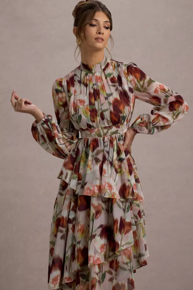 Club L London Abito Lungo in Chiffon con Collo Alto e Balze - Stampa Floreale Cremisi, Promozione Estiva a Tempo Limitato