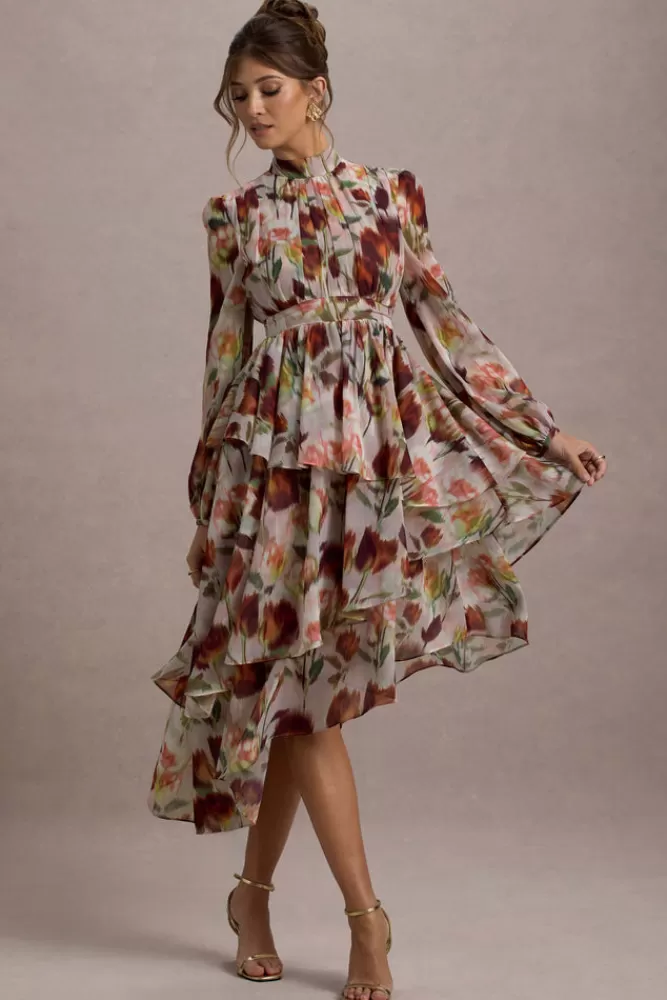 Club L London Abito Lungo in Chiffon con Collo Alto e Balze - Stampa Floreale Cremisi, Promozione Estiva a Tempo Limitato