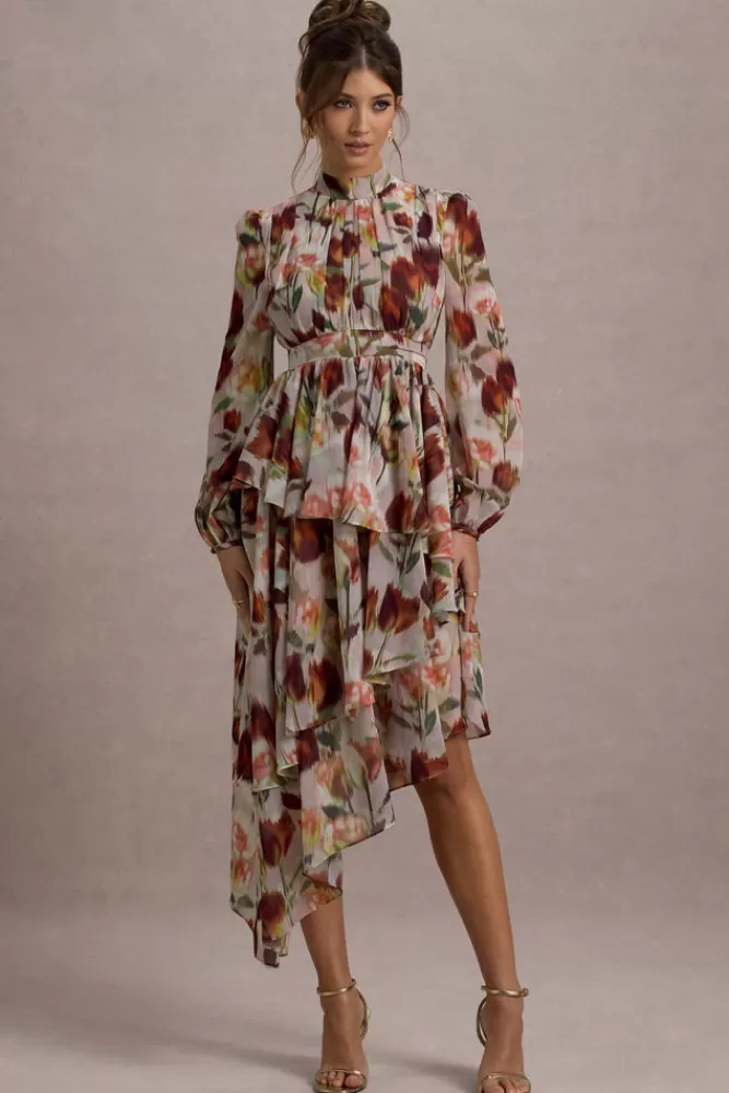 Club L London Abito Lungo in Chiffon con Collo Alto e Balze - Stampa Floreale Cremisi, Promozione Estiva a Tempo Limitato