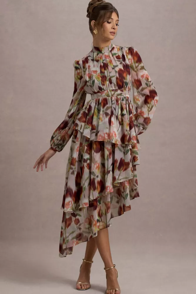 Club L London Abito Lungo in Chiffon con Collo Alto e Balze - Stampa Floreale Cremisi, Promozione Estiva a Tempo Limitato