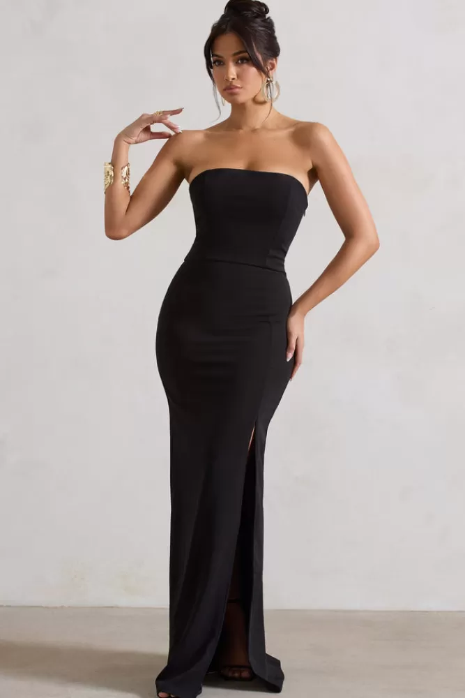 Club L London - Abito Elegante Senza Spalline con Spacco, Nero in Saldo