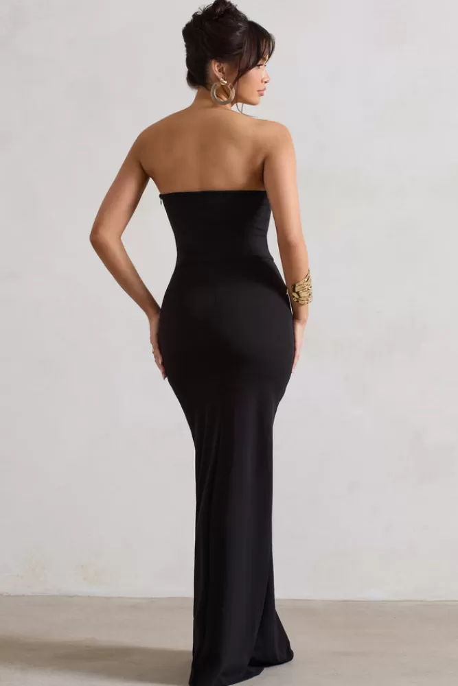 Club L London - Abito Elegante Senza Spalline con Spacco, Nero in Saldo