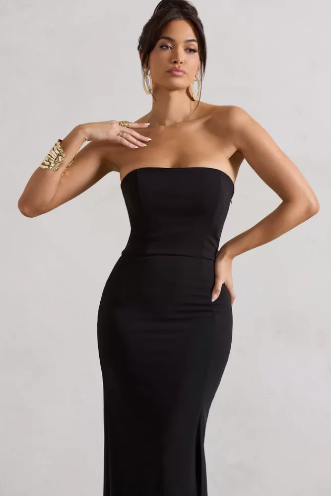 Club L London - Abito Elegante Senza Spalline con Spacco, Nero in Saldo