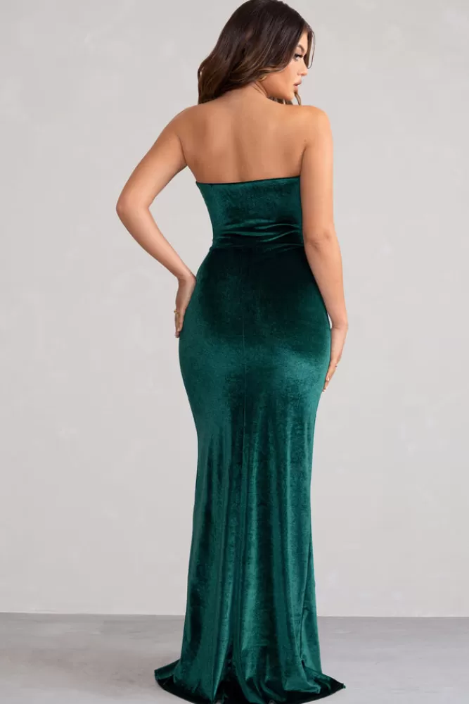 Club L London – Incanto da Sogno | Abito Bandeau in Velluto Verde Bottiglia con Spacco Laterale, Elegante e Confortevole – Ultime Disponibilità