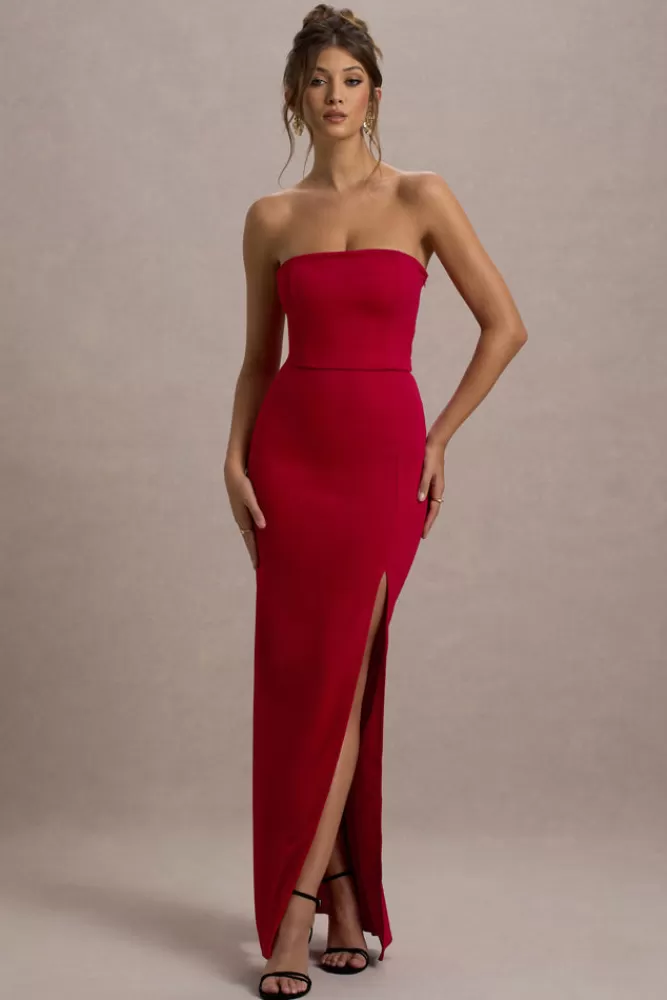 Club L London - Regina del Ballo | Abito Bandeau Lungo con Spacco Laterale in Rosso Passione