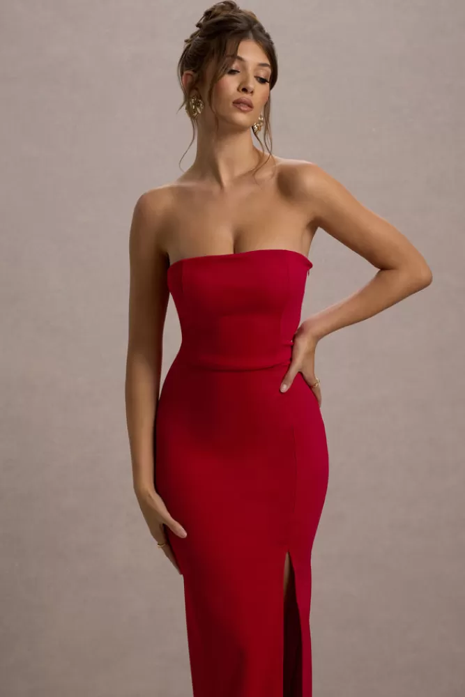 Club L London - Regina del Ballo | Abito Bandeau Lungo con Spacco Laterale in Rosso Passione