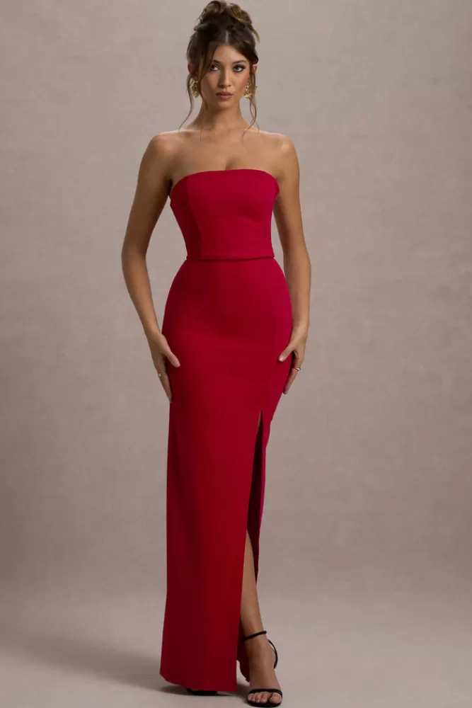 Club L London - Regina del Ballo | Abito Bandeau Lungo con Spacco Laterale in Rosso Passione
