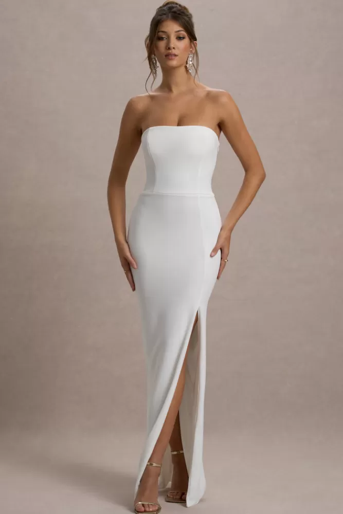 Club L London | Abito da Sera Ammiraglia della Serata - Vestito Bandeau Sfilato con Ventaglio Laterale in Bianco Puro, Confezione Elegante a Prezzo Imperdibile