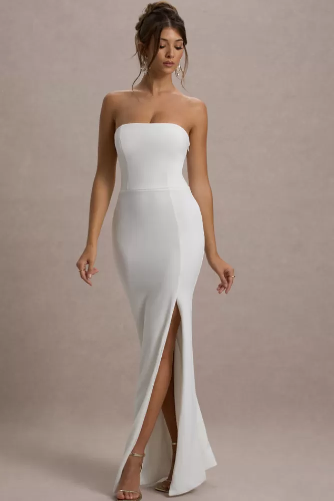 Club L London | Abito da Sera Ammiraglia della Serata - Vestito Bandeau Sfilato con Ventaglio Laterale in Bianco Puro, Confezione Elegante a Prezzo Imperdibile